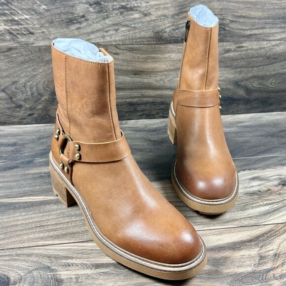 Steve Madden Cordelia 9M Cognac Leather Block Heel Harness Biker Ankle Boot - Picture 4 of 12